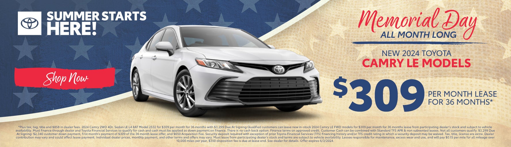 New 2024 Toyota Camry LE Models $309/month for 36 months lea